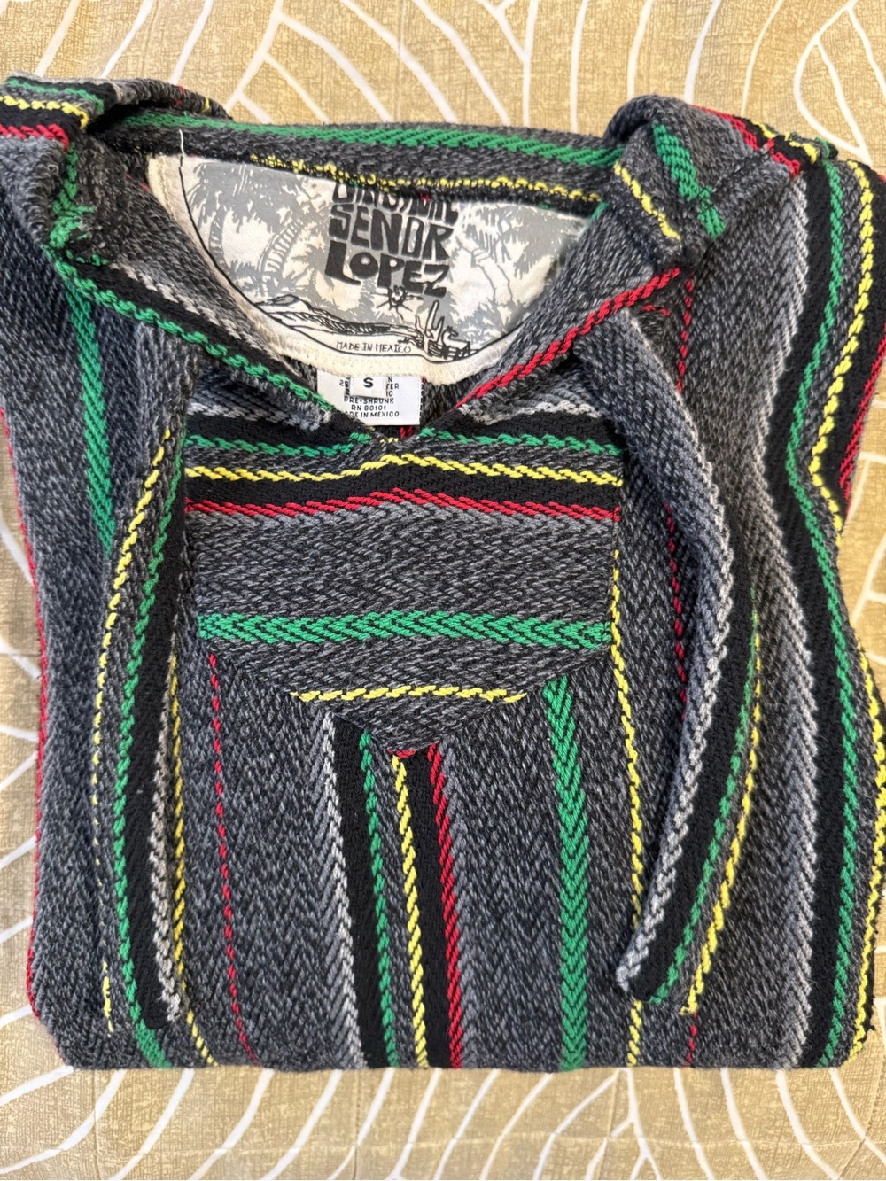 Señor Lopez Men’s Gray Hooded Baja Sweater with Green, Yellow & Red Stripes